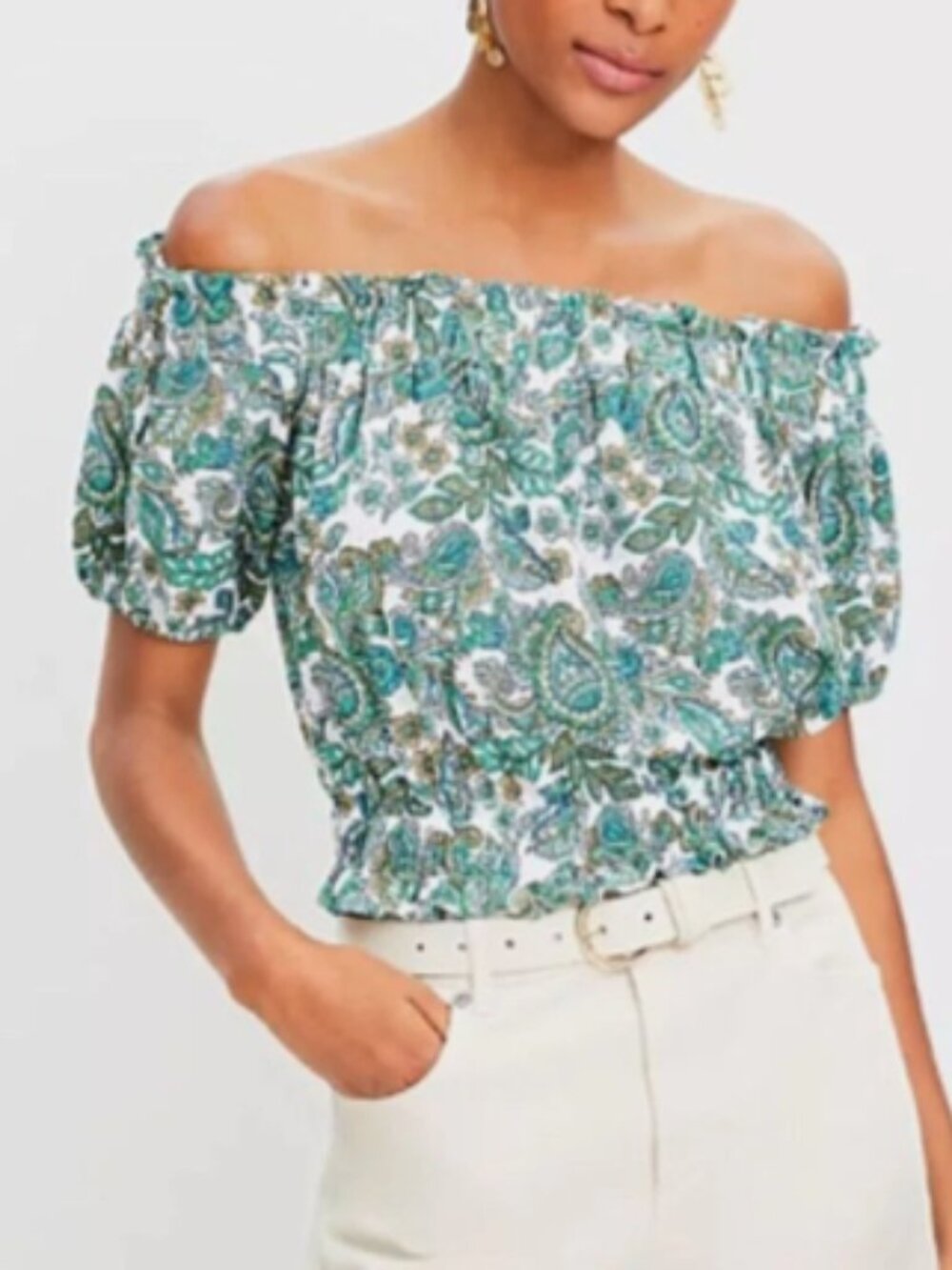 Loft Off The Shoulder Paisley Print Crinkle Top Vacation Beach NWT